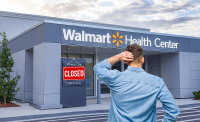 The Disruptors Are Getting Disrupted — 5 Takeaways. A man rubbing his head stands in front of a Walmart Health Center that has a Closed sign on its front door.