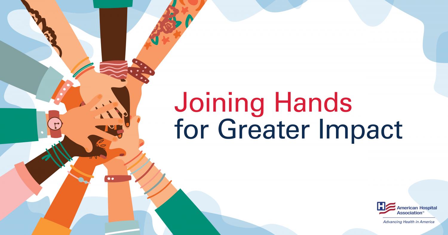 illustrated hands of multiple skin tones stacked on left side,  text "Joining Hands for Greater Impact" on right