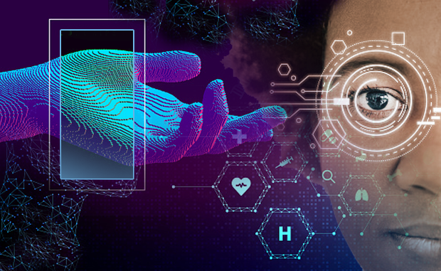 How AI Is Improving Diagnostics, Decision-Making and Care. A digital hand with palm up reaches towards a patient's face covered in digital health icons.