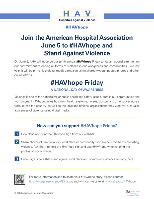 #HAVhope Friday flyer. Join the American Hospital Association June 5th to #HAVhope and Stand Against Violence.