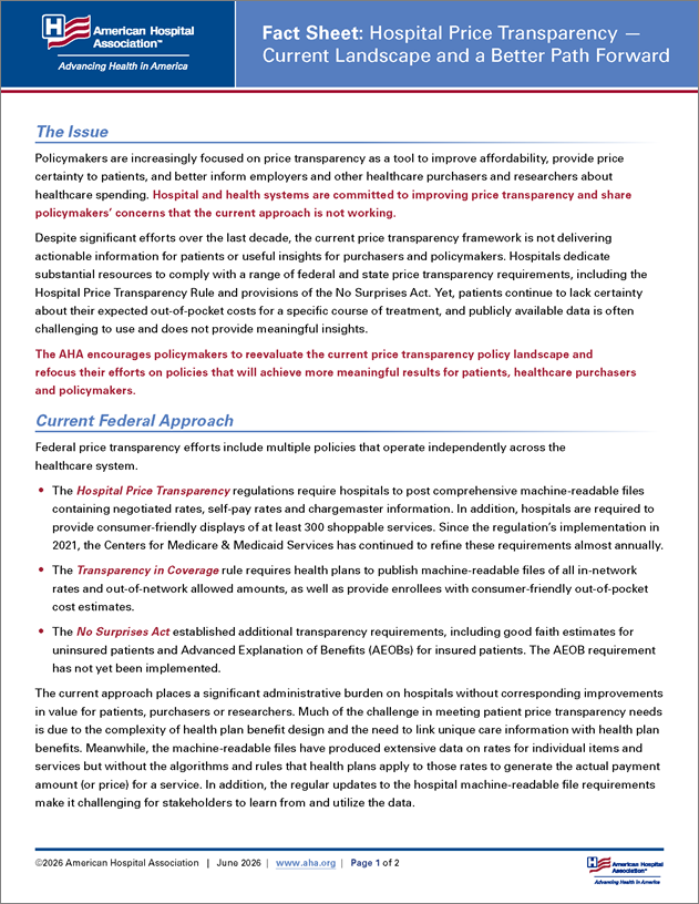 Cover Fact Sheet: Hospital Price Transparency — Current Landscape and a Better Path Forward