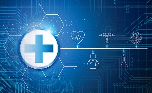 3 Principles for a Seamless Patient Digital Experience. A blue cross in a white medallion in front of a digital screen with health care icons on it.