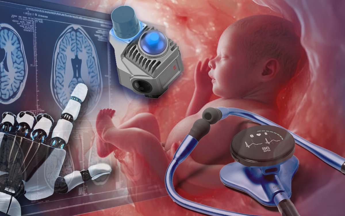 4 Health Systems Transforming Care with AI. A collage of examining a fetus in utero for congenital heart defects, an AI-powered digital stethoscope that can help identify peripartum cardiomyopathy, a robotic hand identifying irregularities in a brain scan, and an AI-powered device for remote patient care and fall prevention.