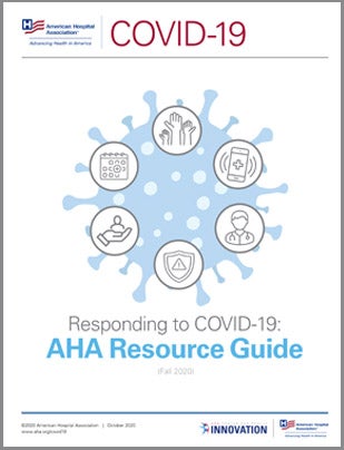 The cover of Responding to COVID-19: AHA Resource Guide by the AHA Center of Health Innovation, part of the American Hospital Association.