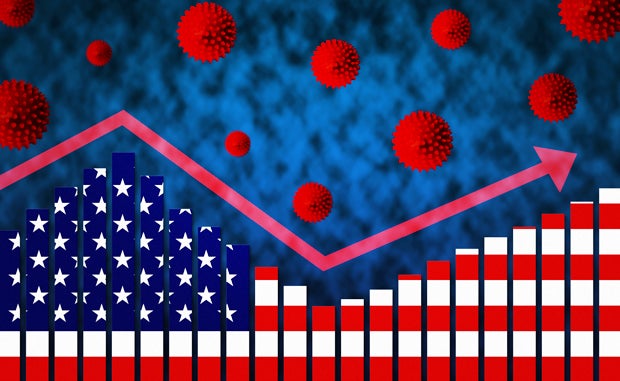 Health Care Leaders Brace for Pandemic’s Resurgence. A rising graph of COVID-19 infections with the bars displaying the United States flag and the area above the line displaying coronavirus cells.