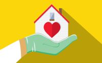 Providers Betting Big on Future of Hospital at Home. The surgical-gloved hand of a white-coated clinician holds a house with a red heart on it.