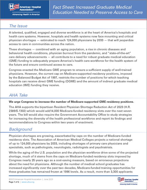 Fact Sheet: Increased Graduate Medical Education Needed to Preserve Access to Care April 2023 page 1.