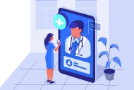 Lack of Data Sharing with Digital Health Impedes Innovation. Illustration of a woman talking to her doctor via telehealth app.