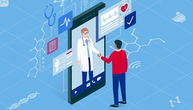 Improving Patient Engagement through Mobile Health doctor in mobile telehealth app shaking hands with a patient