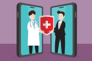 Market Share Up for Grabs as Telehealth Players Look to Go Public. A doctor and a patient on mobile phone screens hold a red shield with a white cross on it.