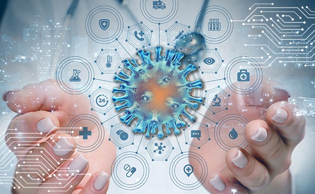 3 Digital Strategic Priorities for the Next Normal. A clinician holds a virtual image of a coronavirus 2 (SARS-CoV-2) cell in her hands with a network of responses to the pandemic displayed on a screen.