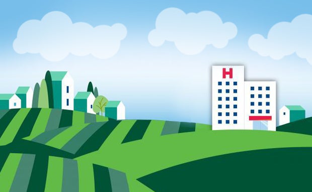 An Upside-Down Org Chart and Vaccine Warriors — Leading Rural Health in a Pandemic. A graphic of a hospital building set amid a rural landscape.