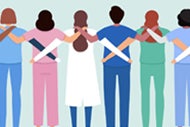 When Facing an Unforeseeable Future, Culture Is a Strategic Imperative. A line of clinicians, including doctors and nurses, seen from behind. The clinicians have their arms around each others back.
