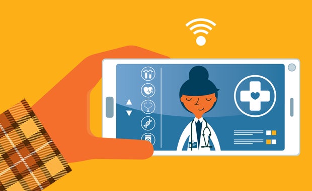 3 Things to Know about the Latest Disruptor in Employer-Sponsored Care. A hand in a flannel shirt holds a phone with a clinician on screen in a telehealth app.