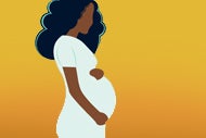 BCBSA Sets Out to Reduce Racial Disparities in Maternal Health by 50% in the Next Five Years. An illustration of a black pregnant woman wearing a white short-sleeve dress with one hand above her belly and one hand below her belly in silhouette.