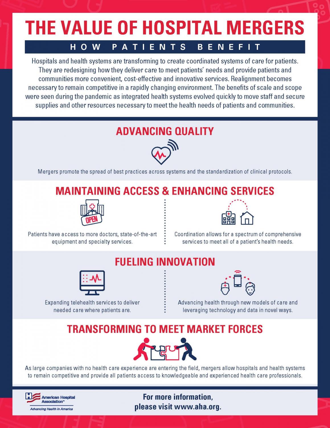 The Value of Hospital Mergers: How Patients Benefit Infographic. Hospitals and health systems are transforming to create coordinated systems of care for patients. They are redesigning how they deliver care to meet patients’ needs and provide patients and communities more convenient, cost-effective and innovative services. Realignment becomes necessary to remain competitive in a rapidly changing environment.