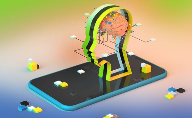 Will AI Be the Next Frontier in Behavioral Health? A profile of a human head with a 3D brain sitting on a mobile phone.