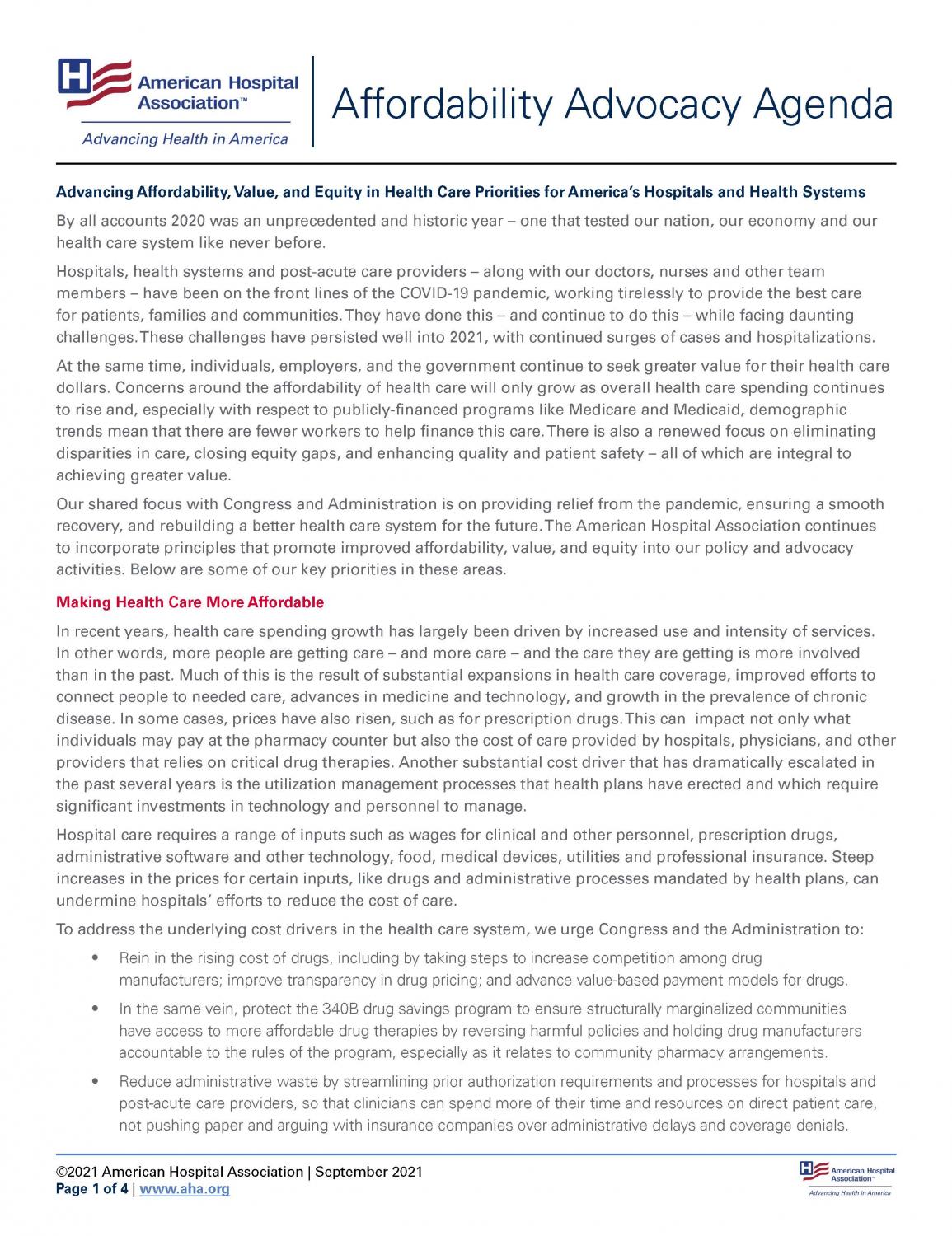 Affordability Advocacy Agenda page 1.