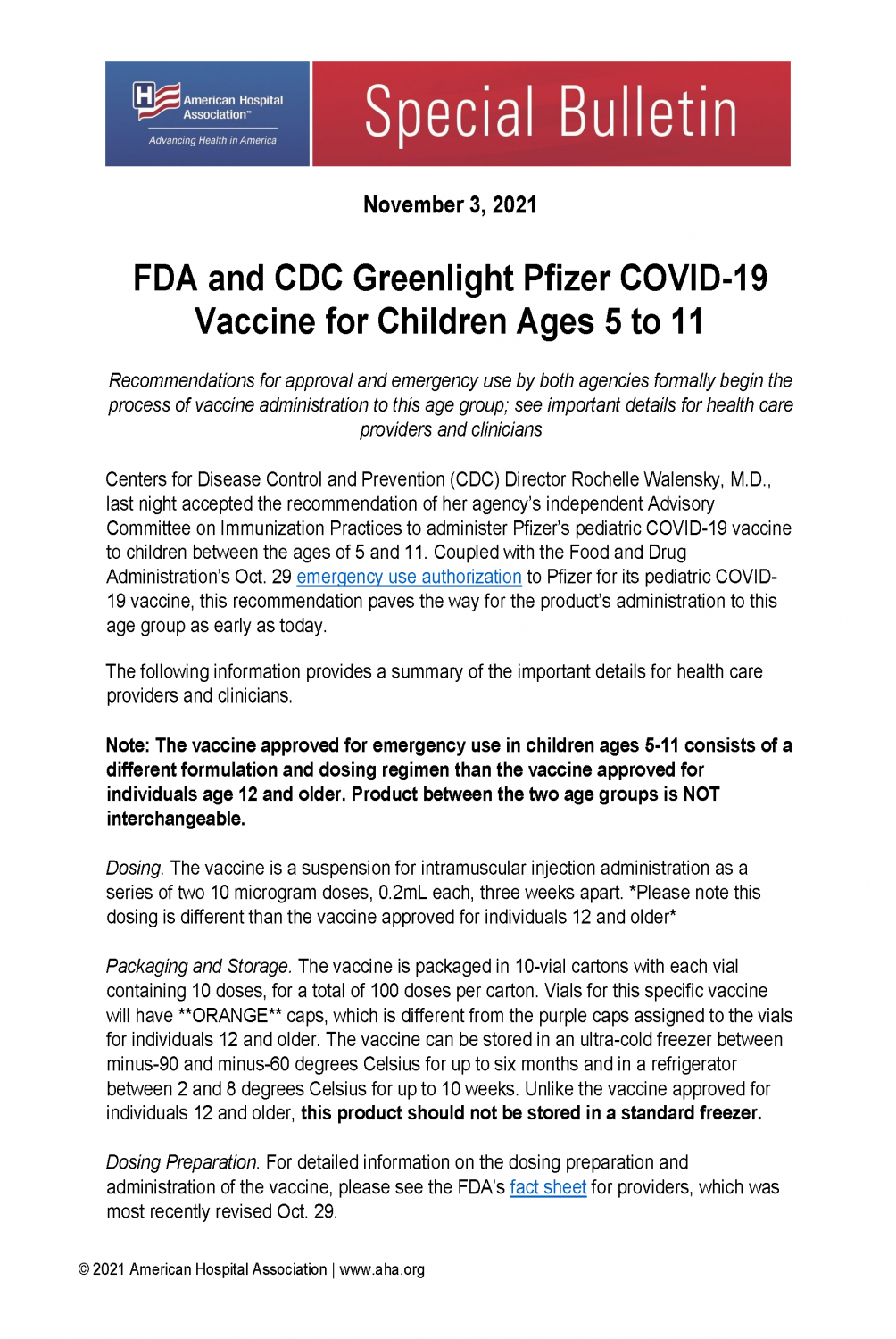 Special Bulletin: FDA and CDC Greenlight Pfizer COVID-19 Vaccine for Children Ages 5 to 11. November 3, 2021. Page 1.