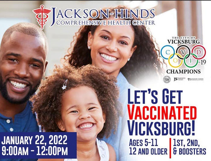 Jackson Hinds poster for vaccination event in Vicksburg January 22, 2022