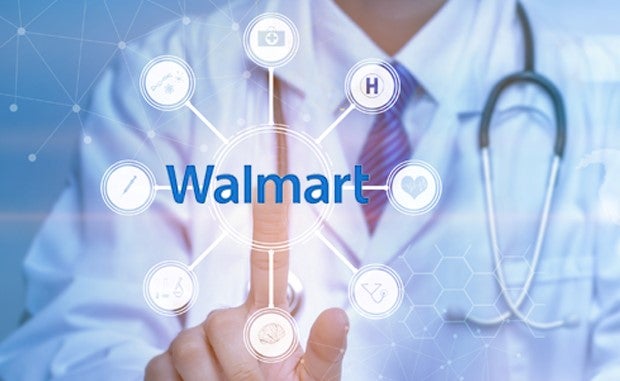 Walmart to Leverage AI Software to Guide Employees to Clinicians. The Walmart logo on a screen surrounded by medical icons with a physician tapping on it.