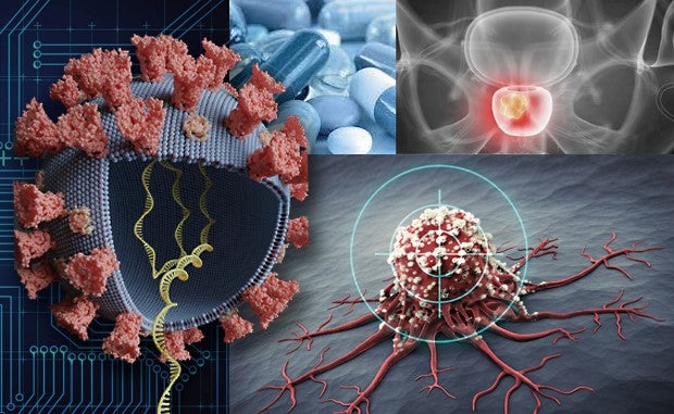 4 Innovations That Could Transform Health Care This Year. A collage of images including a coronavirus model, pharmaceuticals, a cancer cell with a target on it, and an MRI.
