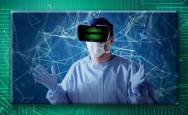 Why Virtual Reality Could Be a Bigger Part of Health Care’s Future. A surgeon in scrubs, gown, surgical mask, and VR goggles prepares for surgery.