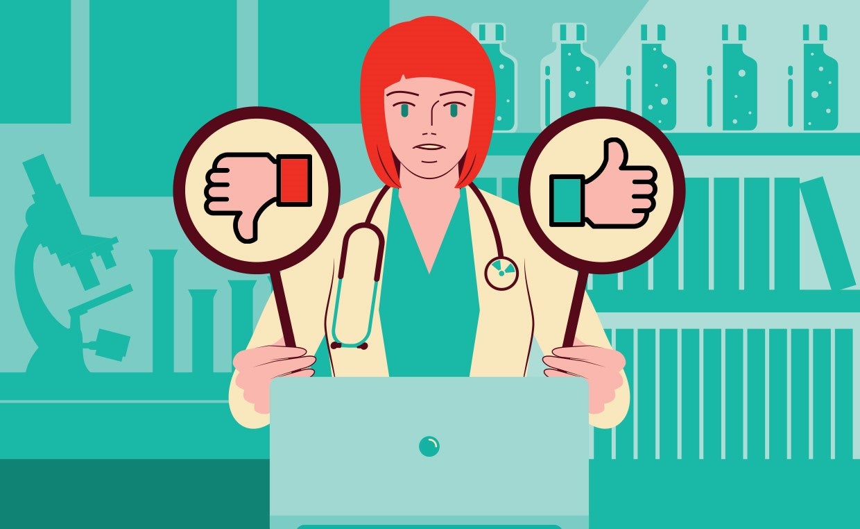 3 Takeaways from Recent Telehealth Analyses. A physician standing in front of a laptop computer holding a sign with a thumbs up and a signed with a thumbs down.