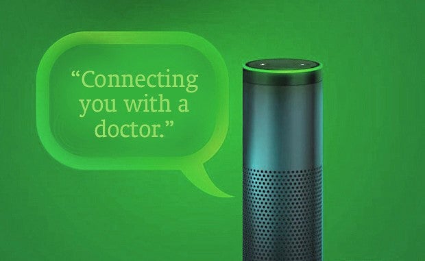 Alexa Will Now Connect Consumers to a Teladoc Physician. An Amazon Echo speaker with a speech bubble come from it saying, 'Connecting you with a doctor.'