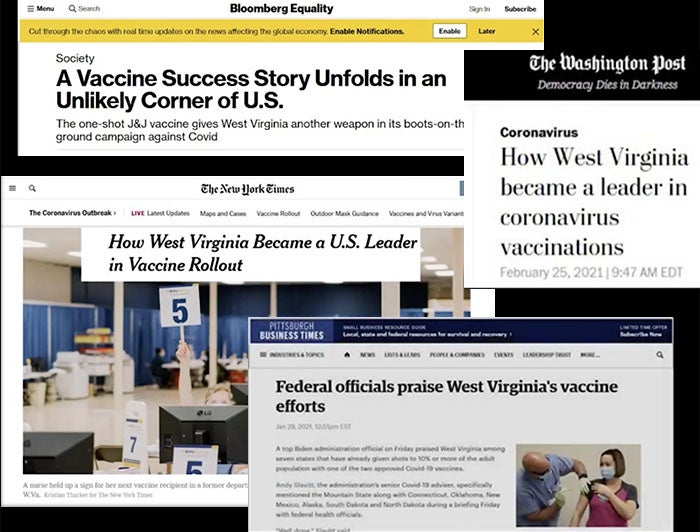 collage of news clippings and headlines on a black background