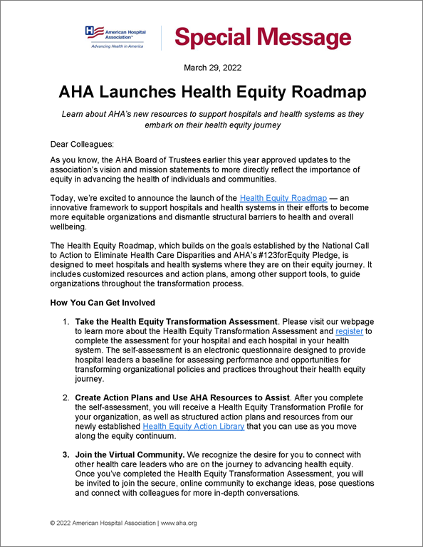 AHA Special Message AHA Launches Health Equity Roadmap AHA