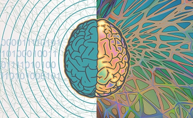 Inside Novant, Mayo, Advocate Innovation Initiatives. A brain divided in two sides: one is blue and white with radar plan position indicator (PPI) emanating from it over binary expressions and a map of digital connections; the other is a rainbow of colors resting in a messy mindmap web of creativity.