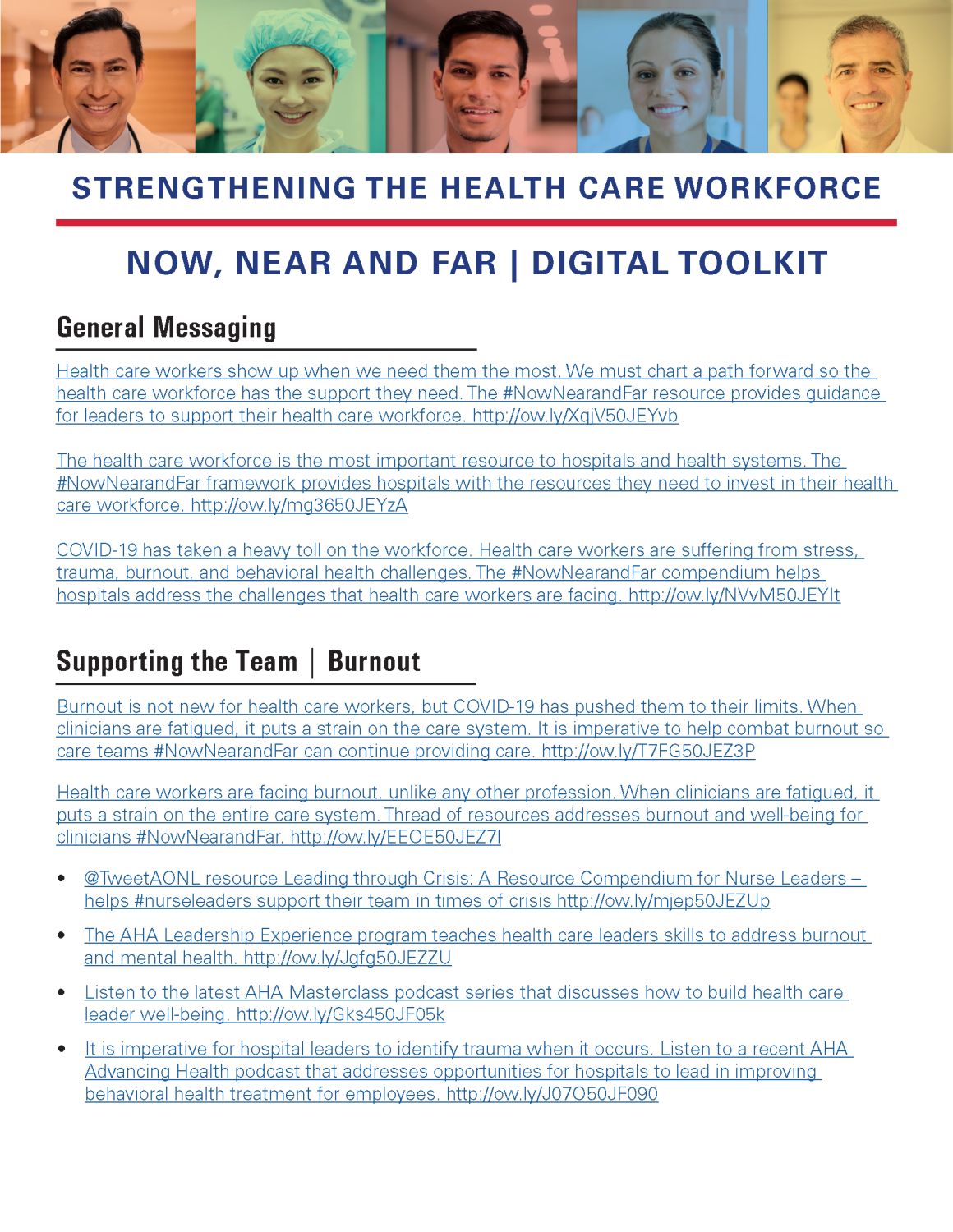 Strengthening the Health Care Workforce: Now, Near and Far: Digital Toolkit page 1.