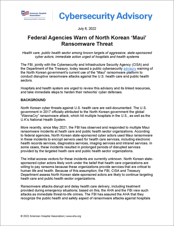 Member Advisory: Federal Agencies Warn of North Korean ‘Maui’ Ransomware Threat PDF