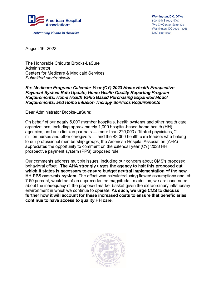AHA Comment Letter to CMS on Home Health PPS Proposed Rule, CY 2023 page 1.