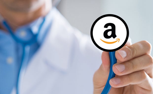 Who Knew Primary Care Could Be So Difficult? Amazon Care to Close. A clinician in a lab coat holds up the bell of a stethoscope with the Amazon logo on the diaphragm.