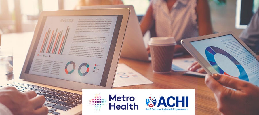 Part 3—Assess: Building a Data Process for Reporting, Research and More Webinar. Metro Health. AHA Community Health Improvement. Three staff members sit around a table looking at health care data analytics dashboards on their laptops.