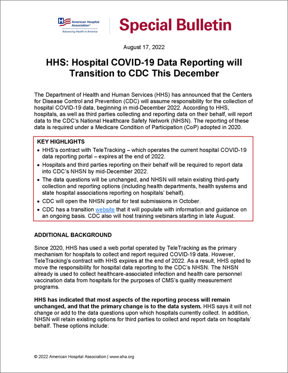 HHS: Hospital COVID-19 Data Reporting will Transition to CDC This December.