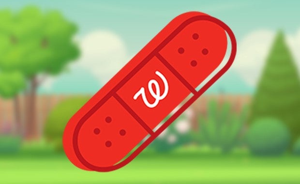 Walgreens Aims to Cut Home Care Costs, Improve Quality with CareCentrix Acquisition. A red adhesive bandage with the Walgreens logo on it in the foreground of a picture of a family's yard.