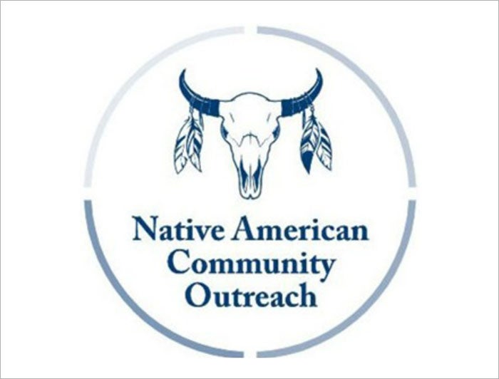 Native American Community Outreach (NACO)logo of buffalo skull with ceremonial feathers on horns