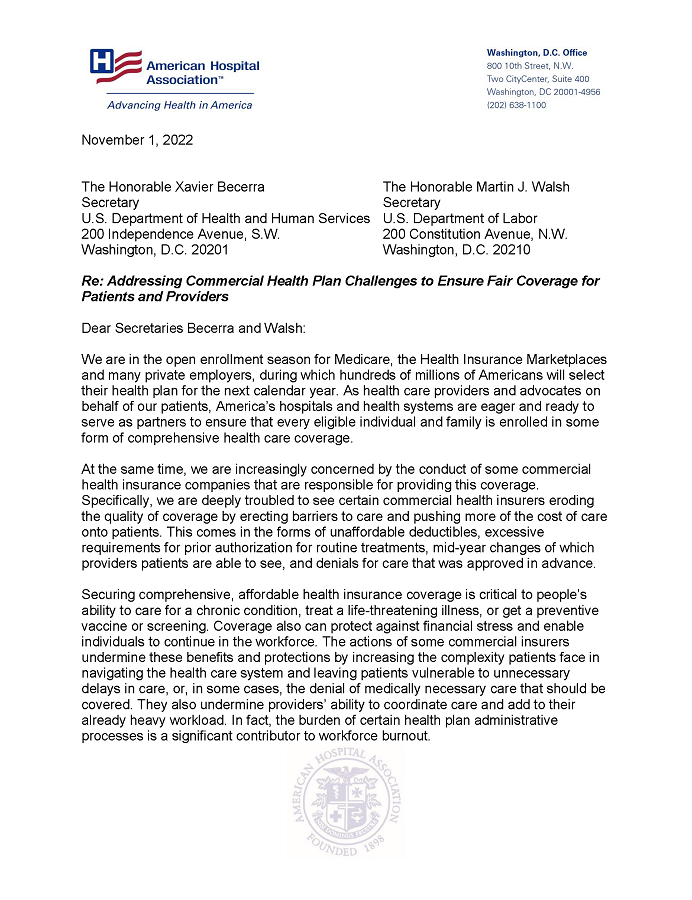 Letter to HHS and DOL on Addressing Commercial Health Plan Challenges to Ensure Fair Coverage page 1
