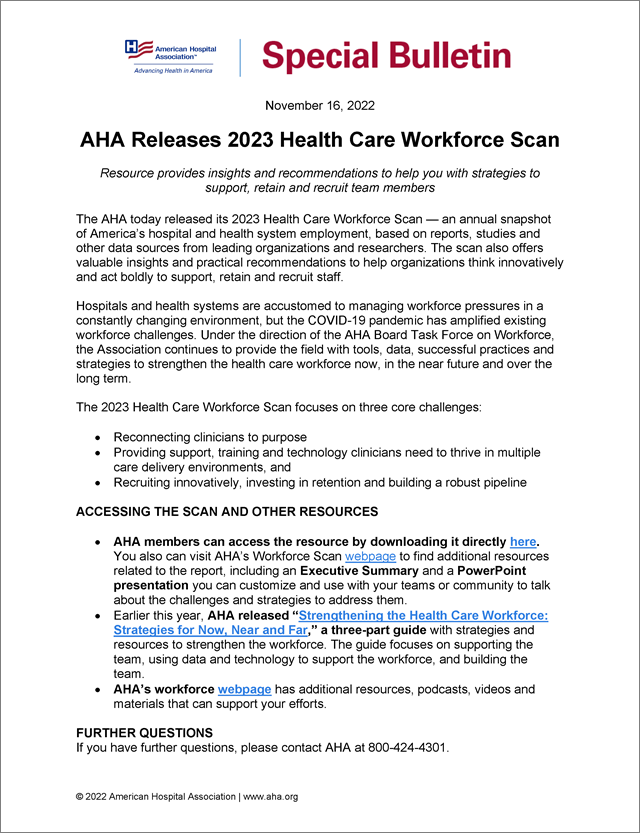 Special Bulletin: AHA Releases 2023 Health Care Workforce Scan.