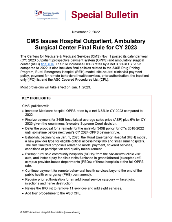 Cover Special Bulletin: CMS Issues Hospital Outpatient, Ambulatory Surgical Center Final Rule for CY 2023