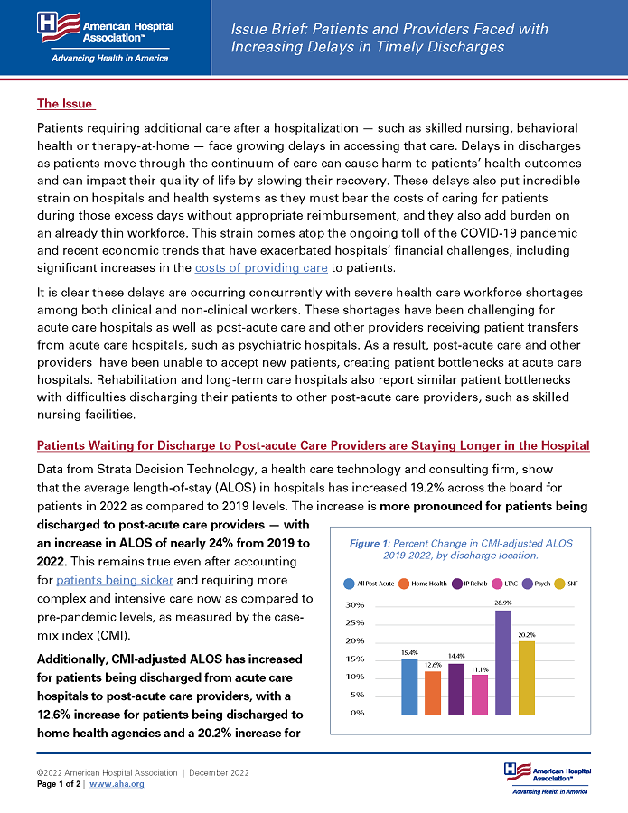 Issue Brief: Patients and Providers Faced with Increasing Delays in Timely Discharges page 1.