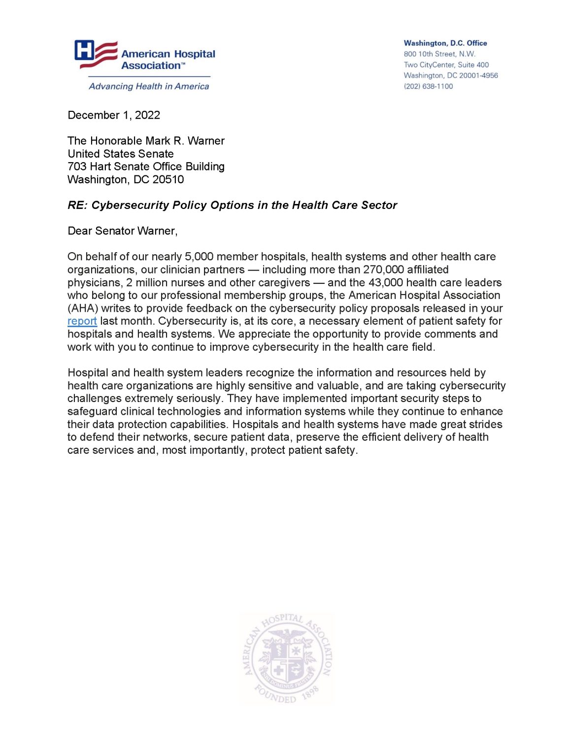 AHA Letter to Senator Warner on Cybersecurity Policy Options in the Health Care Sector page 1.