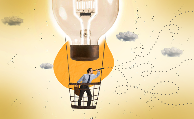 Transforming Care: Why Leaders Need to Be Radically Collaborative. A business man holding a briefcase looking through a spyglass while standing in the basket of a hot-air balloon that is really a lightbulb.