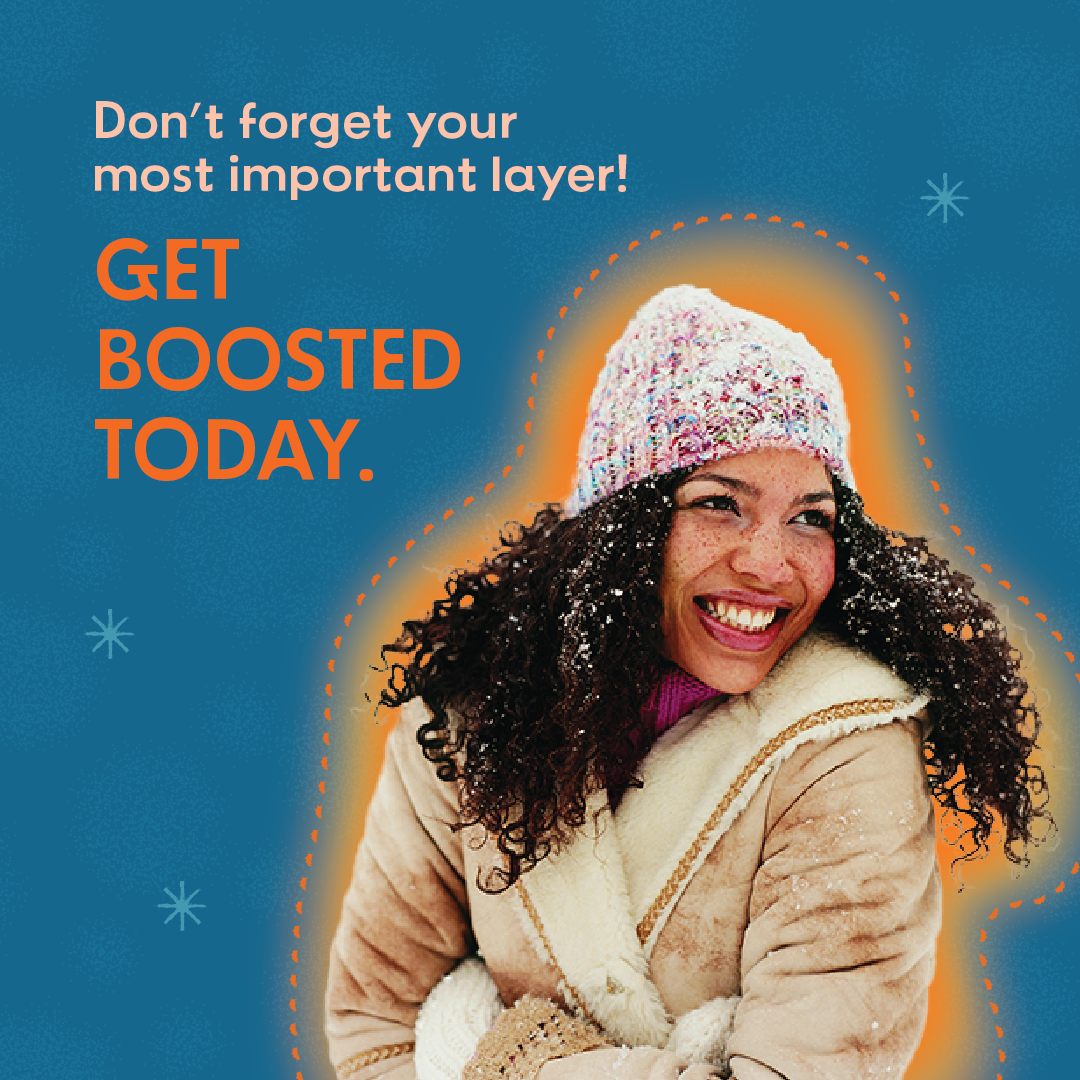 Right click to save this picture of a woman with long curly snow-dusted hair dressed for the cold, with text: Don't forget your most important layer! Get boosted today.