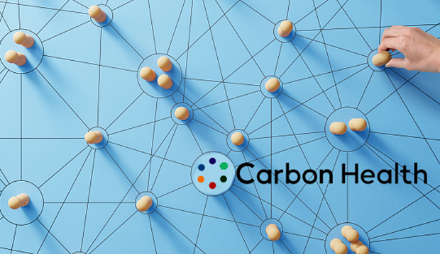 Exploring the Connective Tissue Behind Carbon Health’s Recent Upswing. Carbon Health. A hand stacking balls in circles that are connected to other circles in a network.