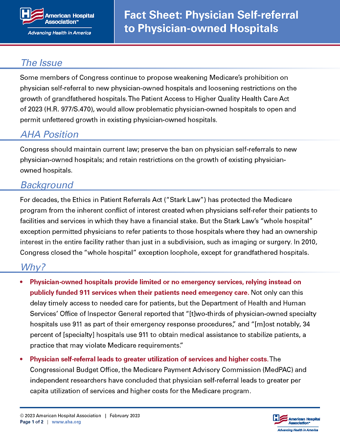 Fact Sheet: Physician Self-referral to Physician-owned Hospitals page 1.