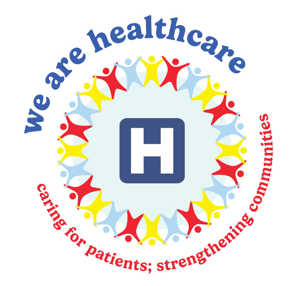 Blue and white H hospital logo surrounded by text: we are healthcare - caring for patients; strengthening communities